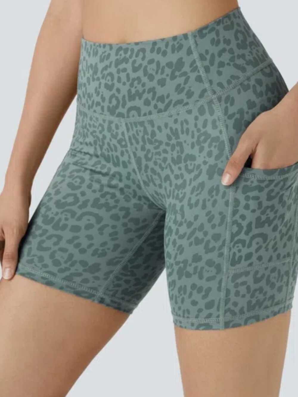 High-Waist Leopard Print Bike Shorts in Sage MEDIUM